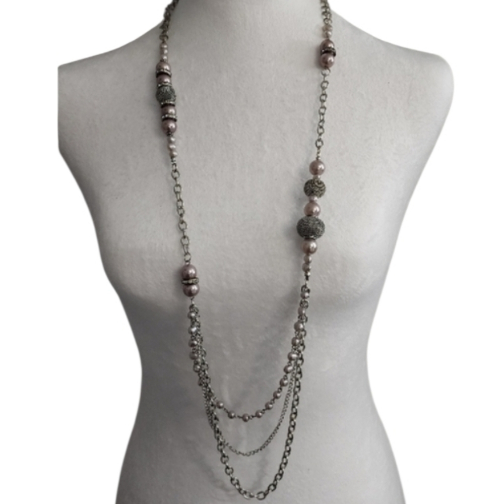Silvertone Pink Beaded Necklace